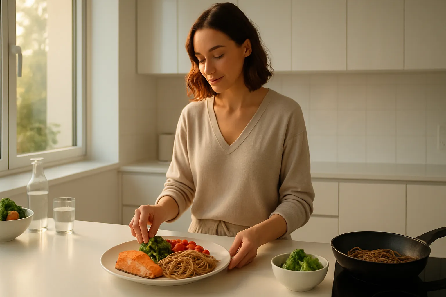 Jantar Inteligente – Escolhas Conscientes Mulher preparando jantar equilibrado com carboidratos complexos, proteínas e vegetais em cozinha moderna, demonstrando escolhas alimentares inteligentes à noite