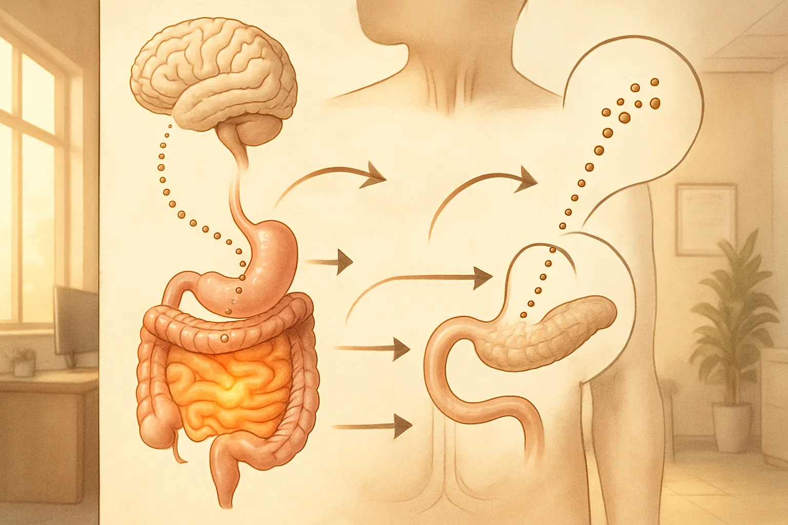 Representação visual do mecanismo de ação do hormônio GLP-1 no sistema digestivo e sua comunicação com cérebro e pâncreas