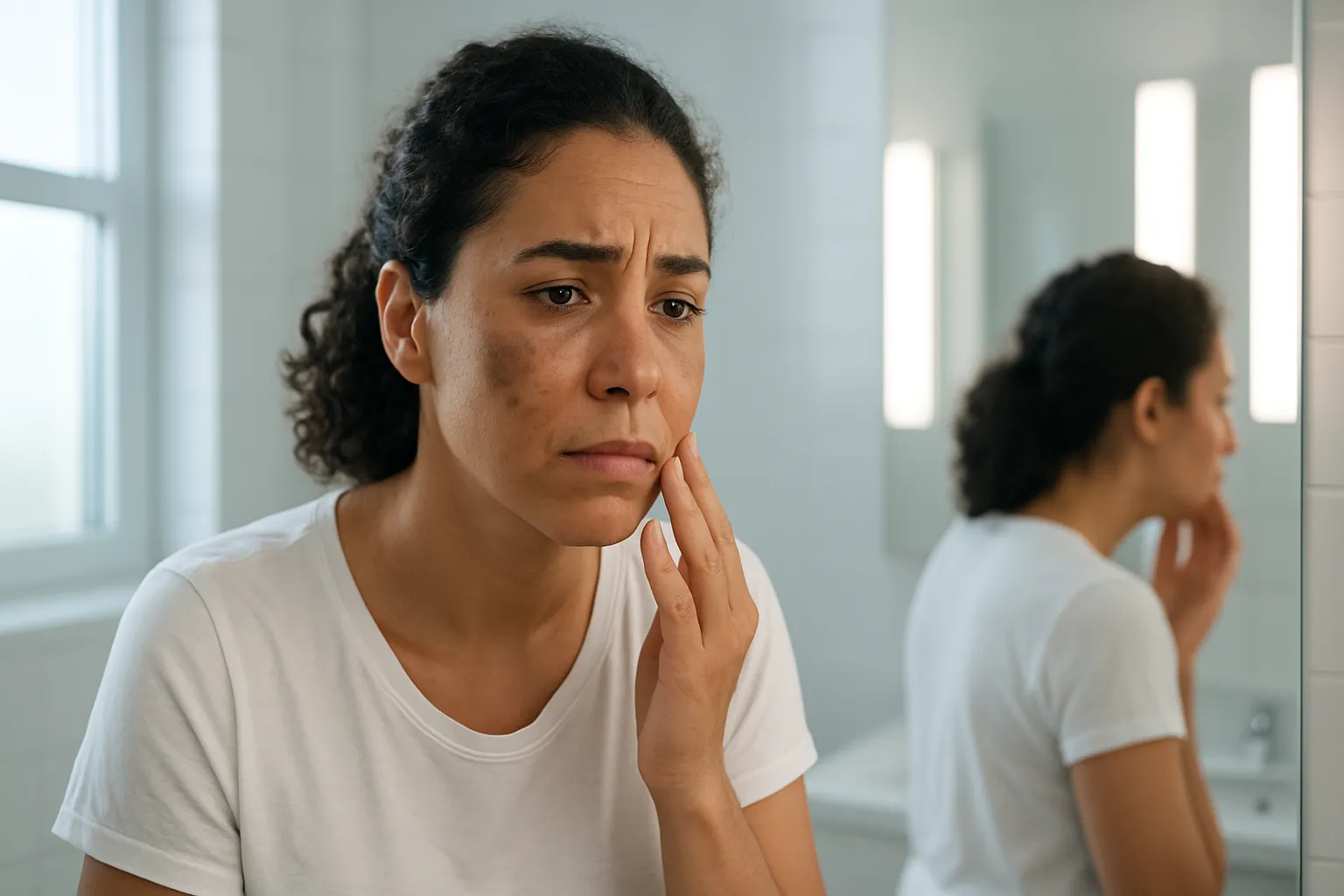 Mulher observando com preocupação manchas escuras no rosto em frente ao espelho do banheiro, representando o impacto visual do melasma e hiperpigmentação hormonal