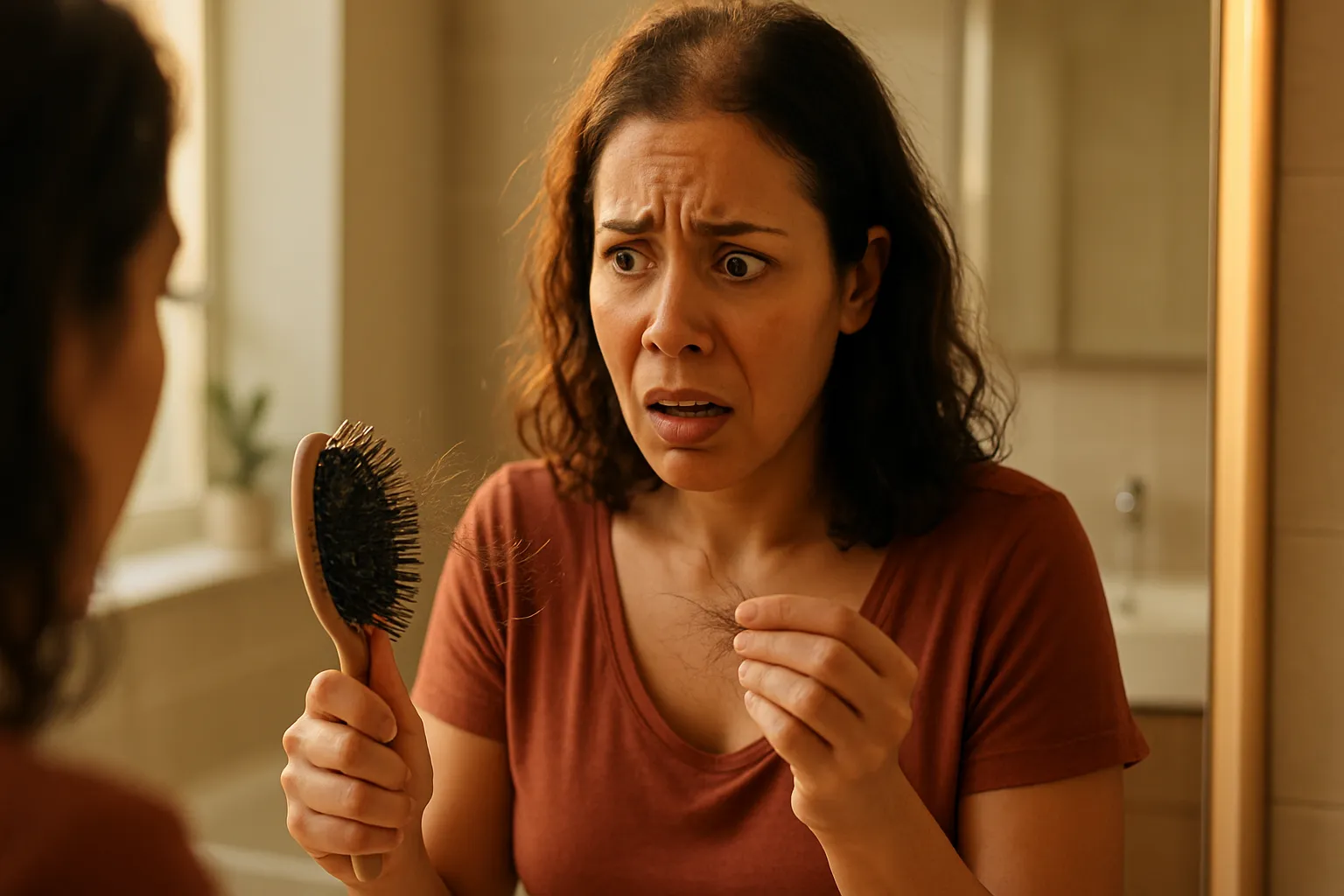 Mulher preocupada observando queda excessiva de cabelo na escova durante rotina matinal, evidenciando impacto emocional da alopecia feminina
