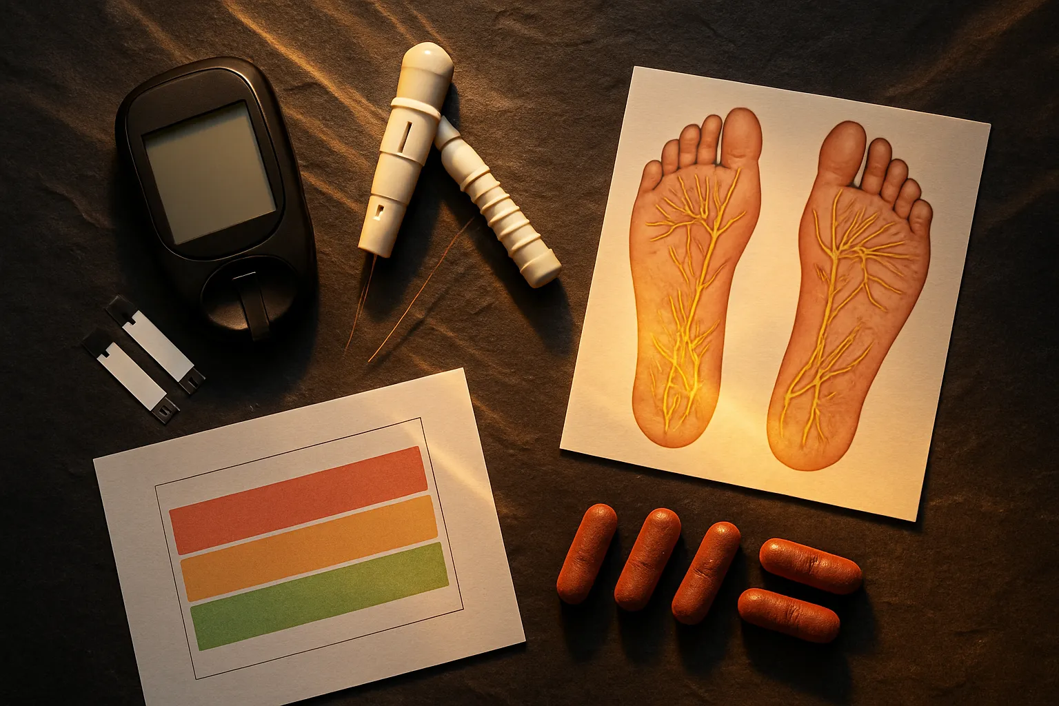 Avaliação de Neuropatia Diabética Flat lay com equipamentos de avaliação de neuropatia diabética, medidor de glicemia e suplementos para nervos periféricos