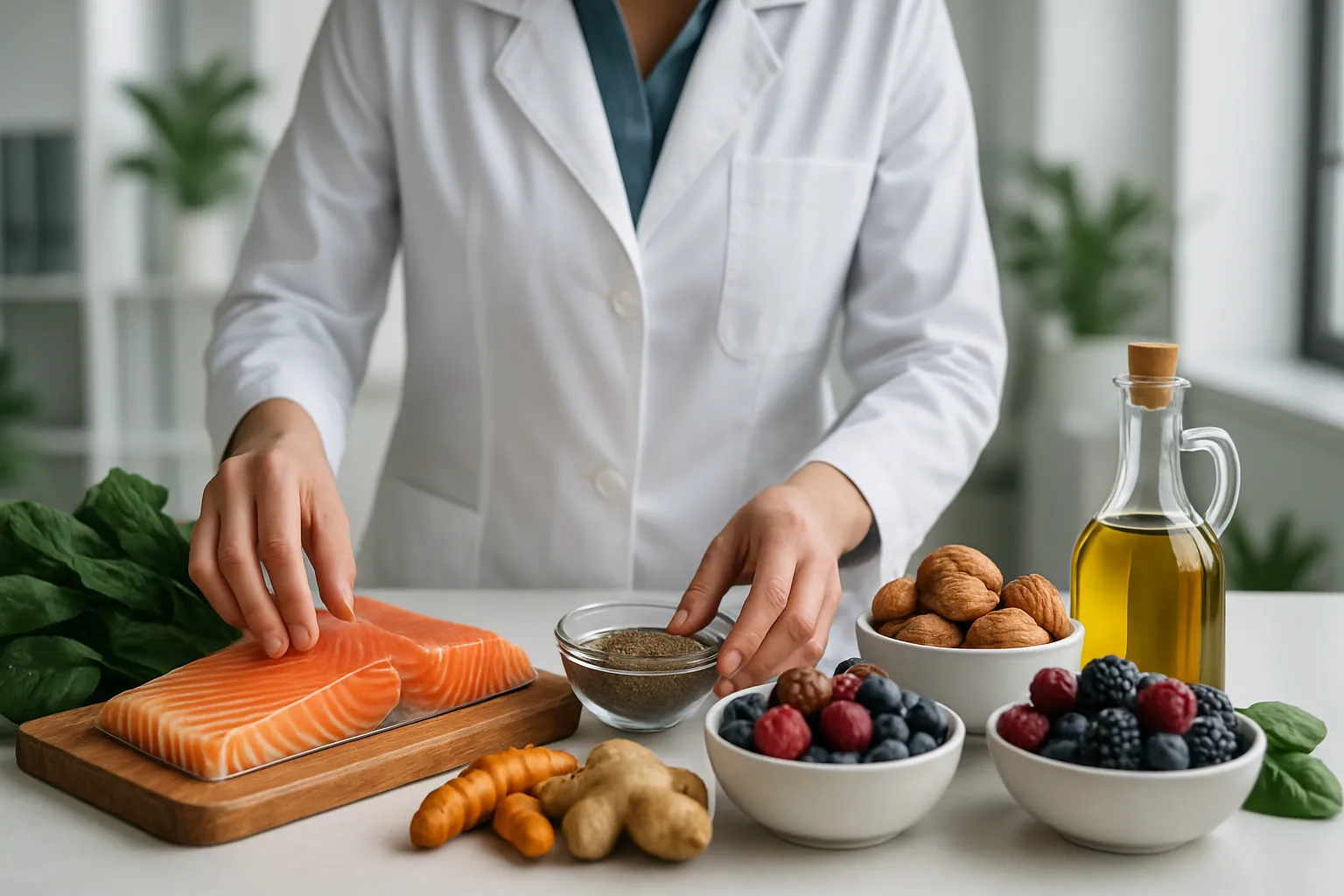 Nutricionista Preparando Protocolo Anti-Inflamatório Personalizado Nutricionista preparando protocolo alimentar anti-inflamatório com alimentos ricos em ômega-3 e antioxidantes