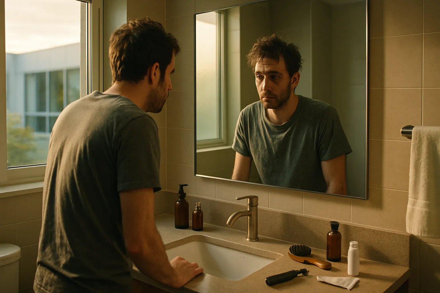 Reflexo de homem no espelho mostrando sinais comportamentais de alerta para problemas de saúde mental
