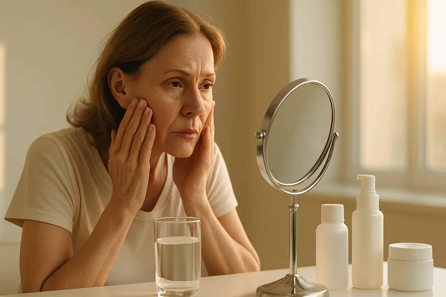 Ozempic Face – Envelhecimento Facial Mulher observando alterações faciais causadas por perda rápida de peso com Ozempic