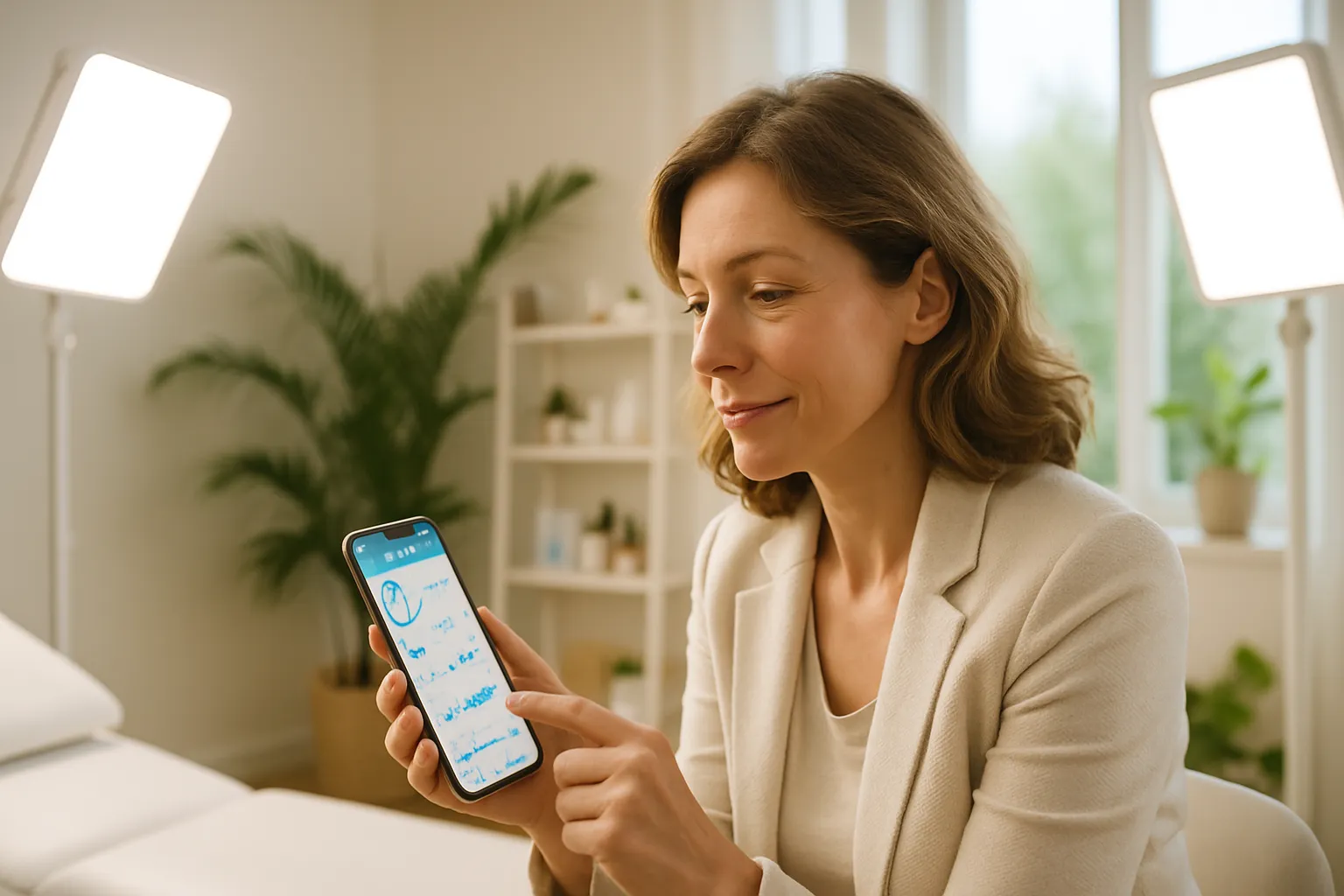 Mulher consultando aplicativo de saúde com inteligência artificial em ambiente clínico moderno e acolhedor