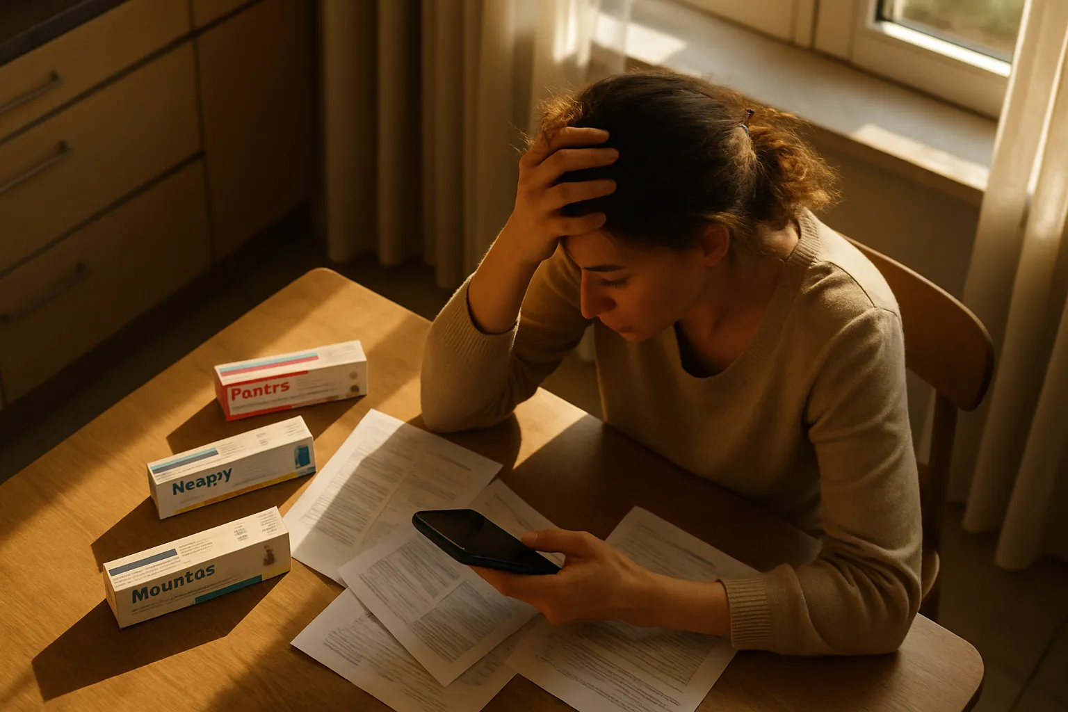 Pessoa confusa comparando diferentes medicamentos injetáveis para emagrecimento em mesa, cercada por caixas de Ozempic, Wegovy e Mounjaro