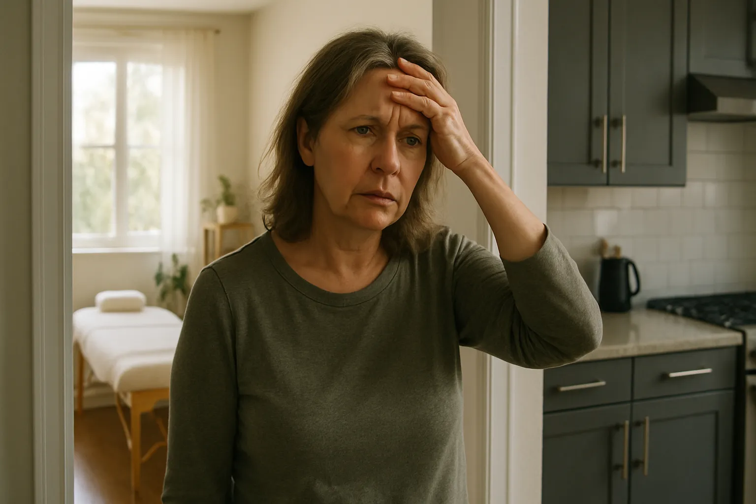 Mulher de meia-idade em pé na cozinha com expressão confusa e frustrada tentando lembrar por que entrou no cômodo, demonstrando lapso de memória e névoa mental