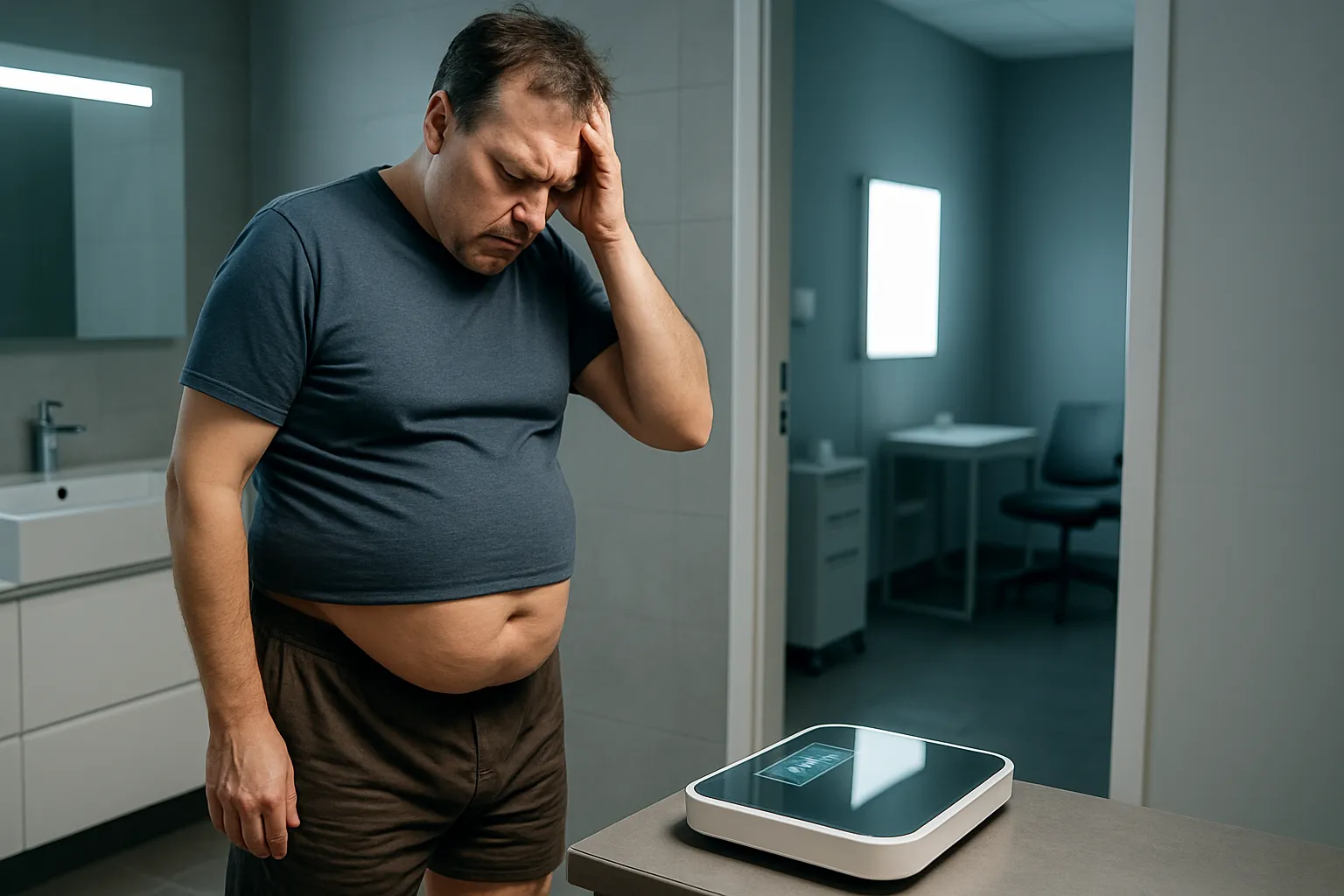 Pessoa visivelmente estressada e cansada observando ganho de peso na balança, ilustrando os efeitos físicos do cortisol alto no corpo