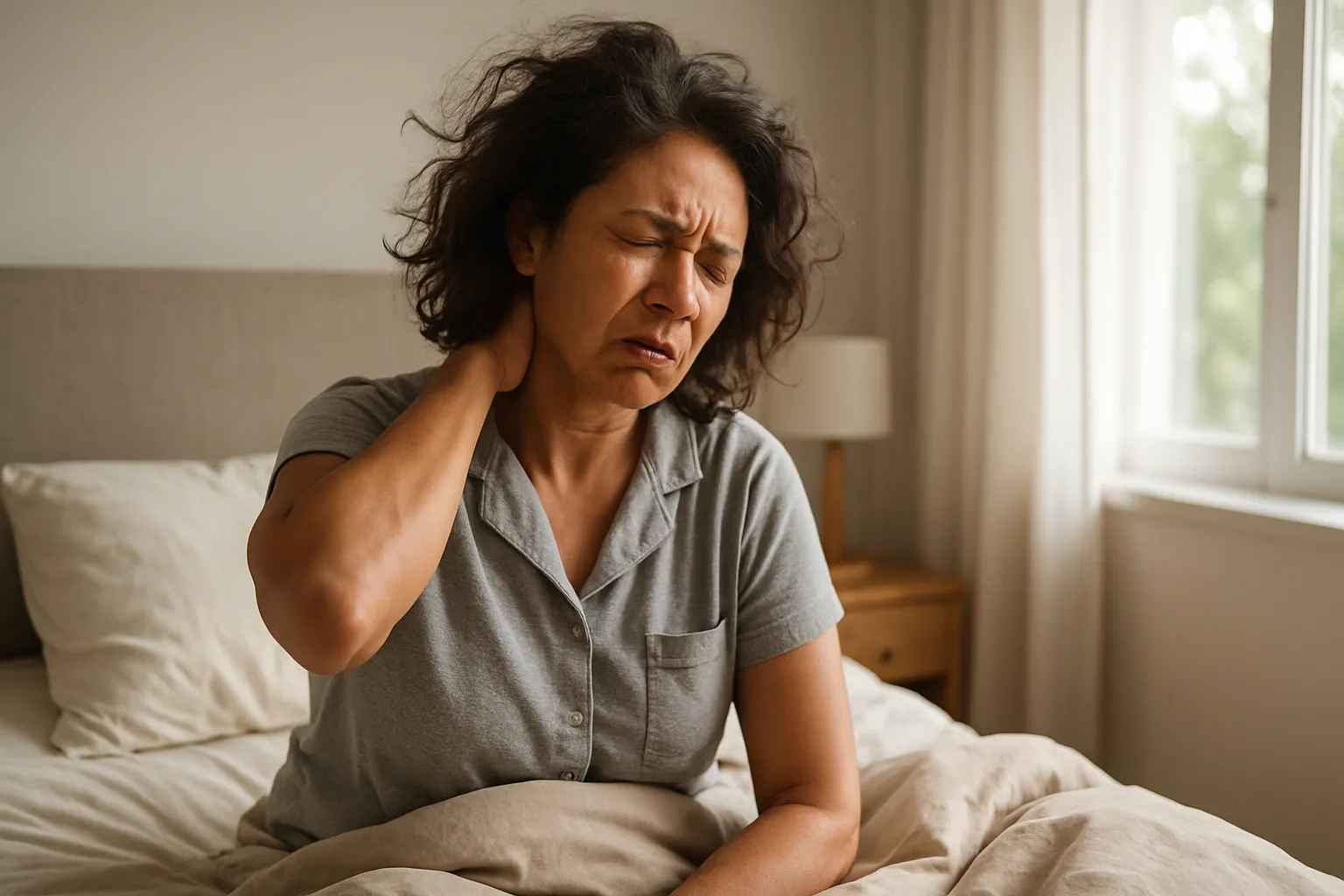 Mulher acordando com sinais visíveis de fadiga crônica e rigidez corporal causada por inflamação silenciosa