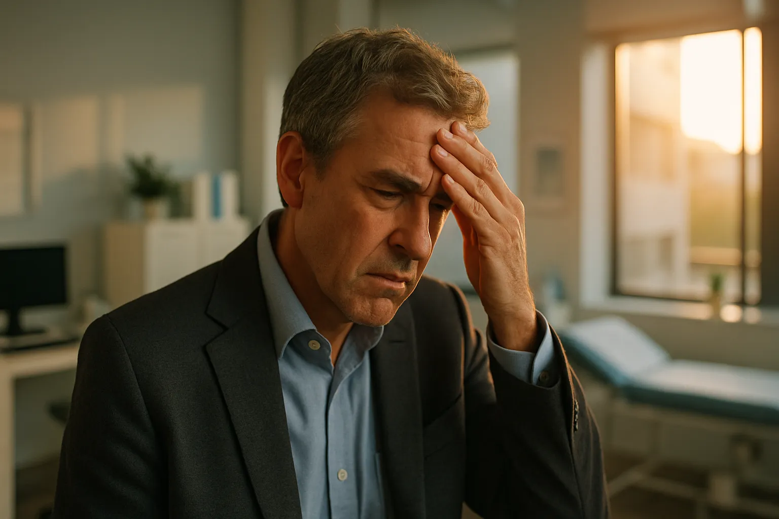 Pessoa de meia-idade com sinais de fadiga mental e esquecimento Pessoa de meia-idade demonstrando sinais de fadiga mental e dificuldade de memória durante rotina diária