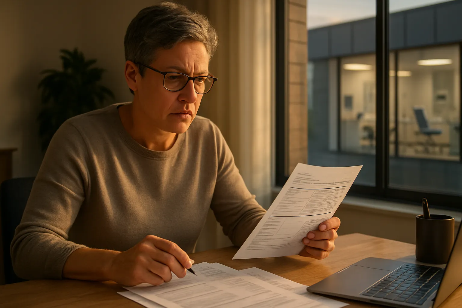 Pessoa na faixa dos 40 anos analisando resultados de exames preventivos em casa com expressão atenta e proativa