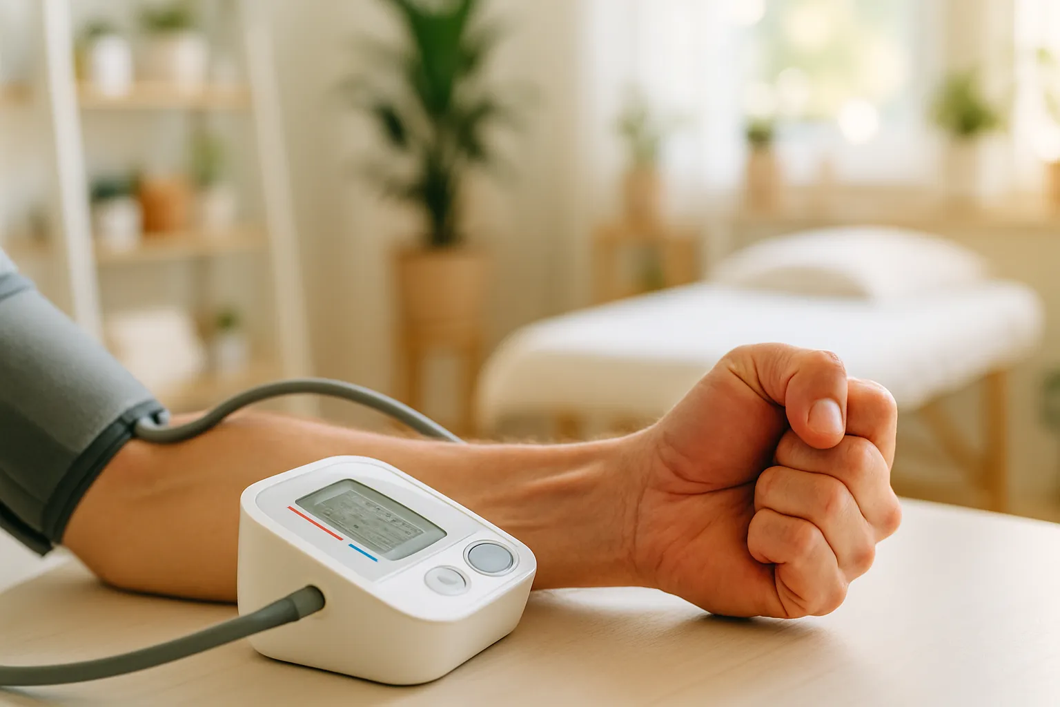 Pessoa medindo pressão arterial com monitor digital em ambiente clínico iluminado, mostrando tensão física relacionada à hipertensão