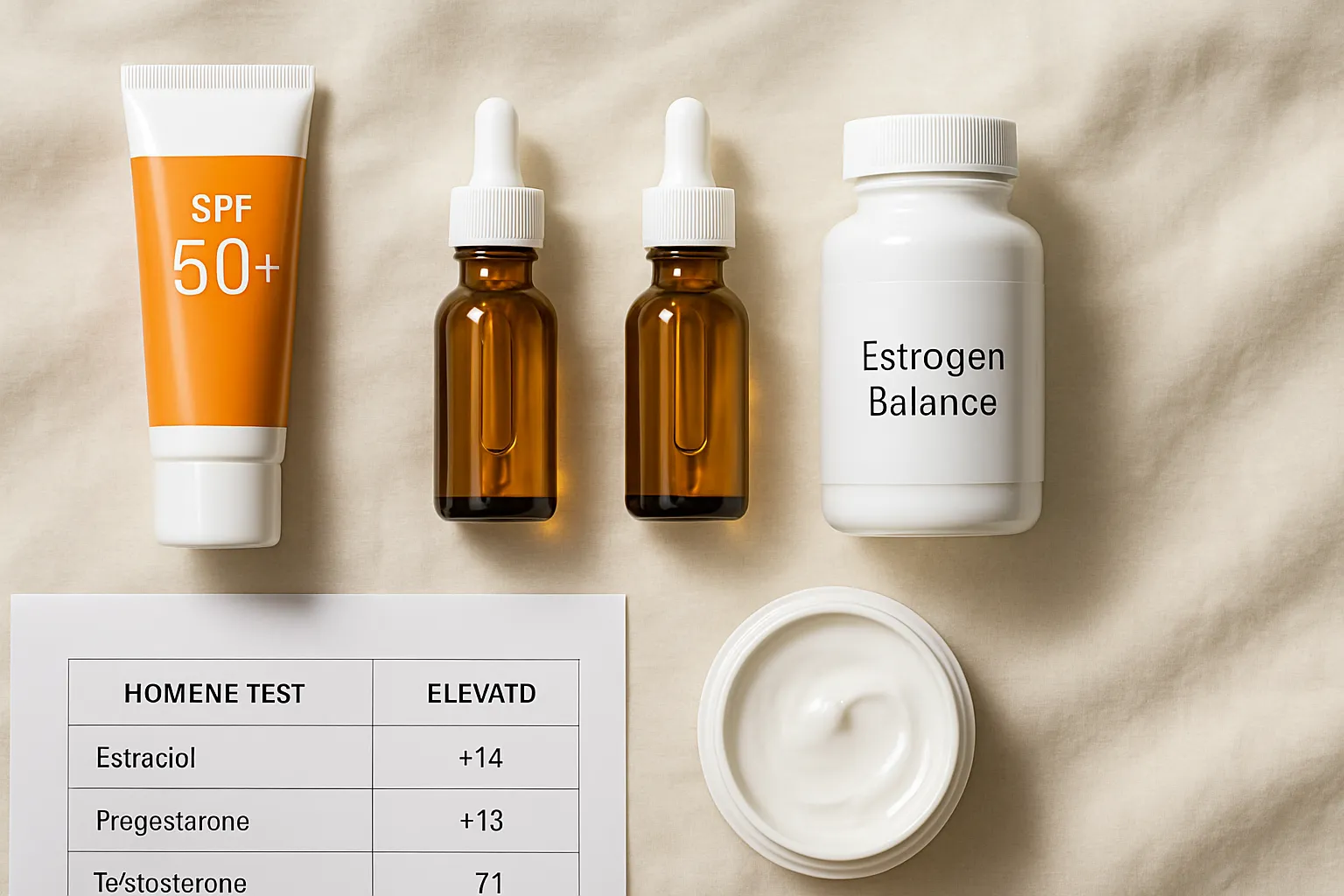 Flat lay de produtos para tratamento de melasma Composição organizada de produtos para tratamento de melasma incluindo protetor solar, séruns clareadores e suplementos para equilíbrio hormonal