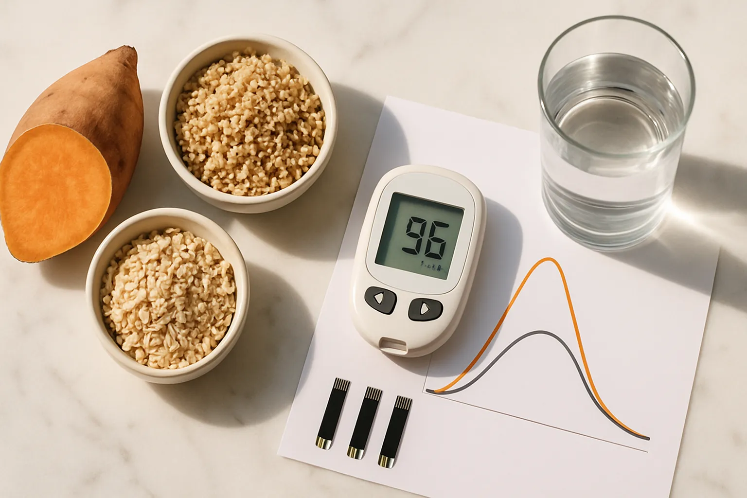 Resposta Insulínica – Conceito Científico Composição plana mostrando medidor de glicose, alimentos carboidratos saudáveis e materiais de teste, ilustrando o conceito de resposta insulínica aos carboidratos
