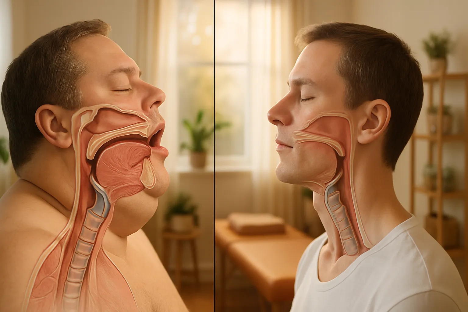 Comparação visual mostrando vias aéreas obstruídas por excesso de gordura no pescoço versus vias aéreas desobstruídas após perda de peso