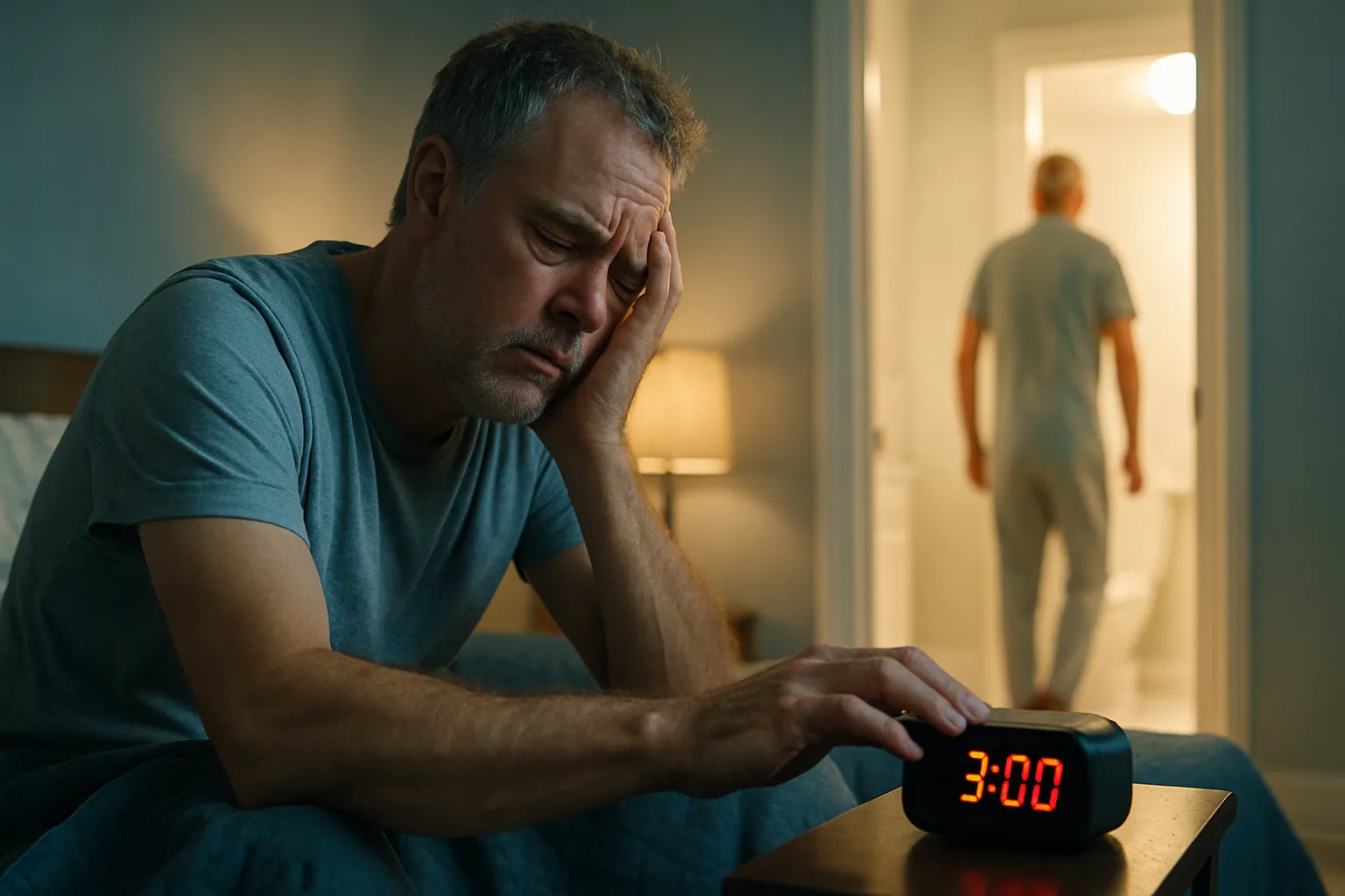 Homem maduro acordando frustrado durante a madrugada para ir ao banheiro pela terceira vez, mostrando impacto da noctúria causada por próstata aumentada na qualidade do sono