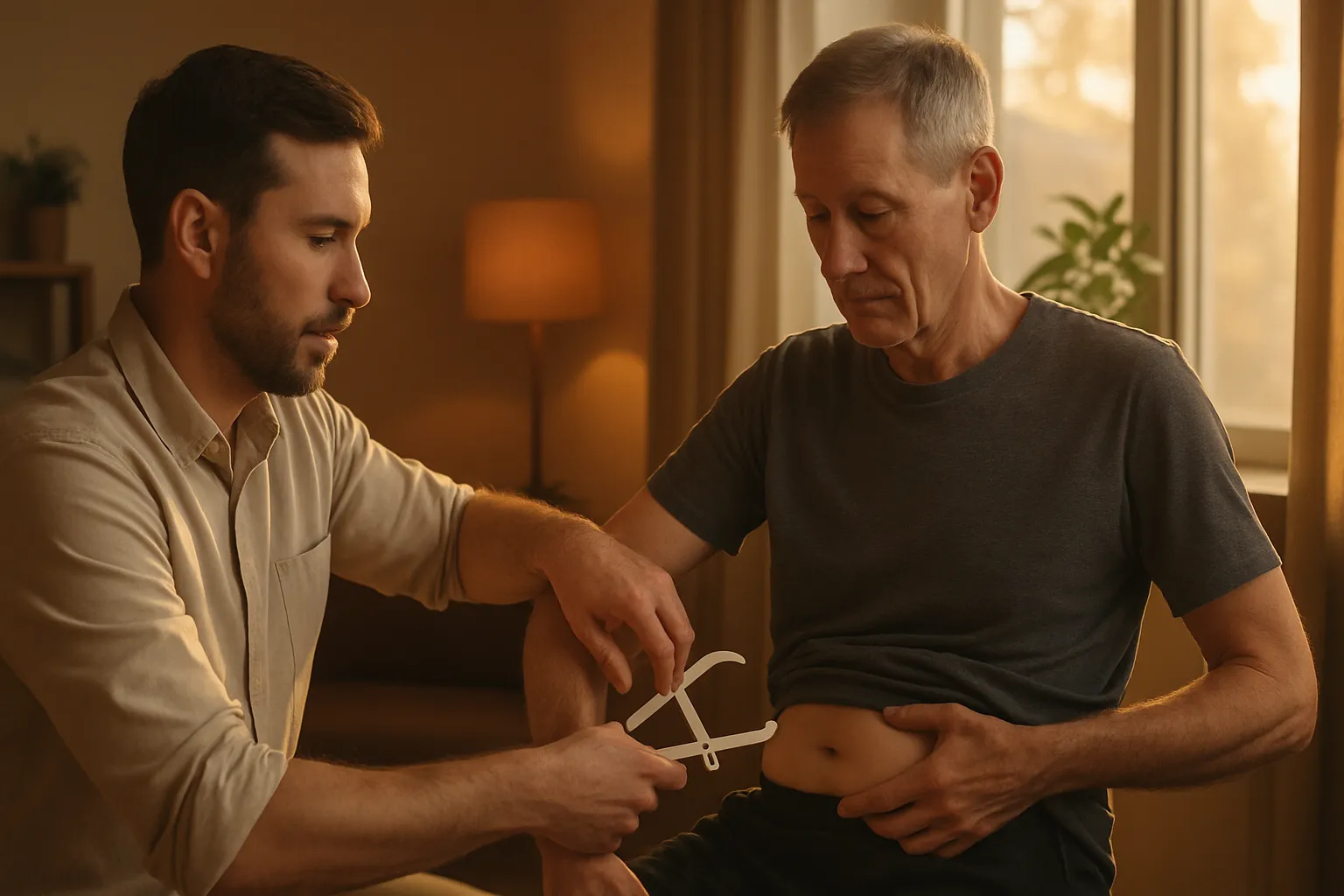 Sarcopenia: Avaliação de Massa Muscular Avaliação clínica de sarcopenia com medição de massa muscular e gordura abdominal em paciente masculino