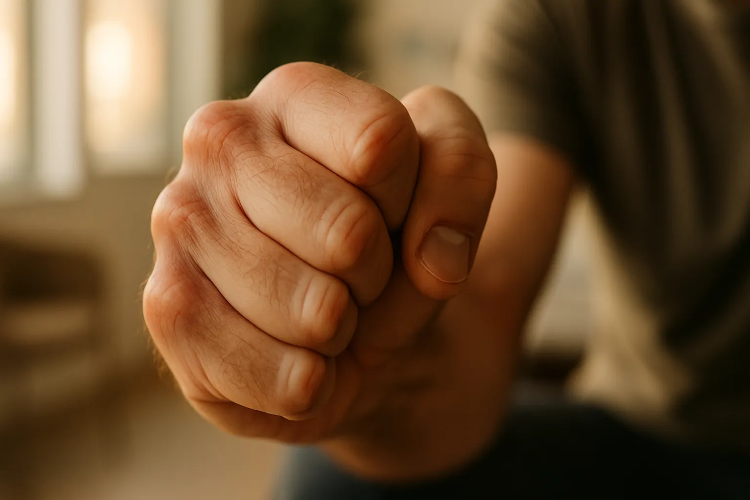 Detalhe de punho masculino cerrado representando tensão emocional e depressão silenciosa