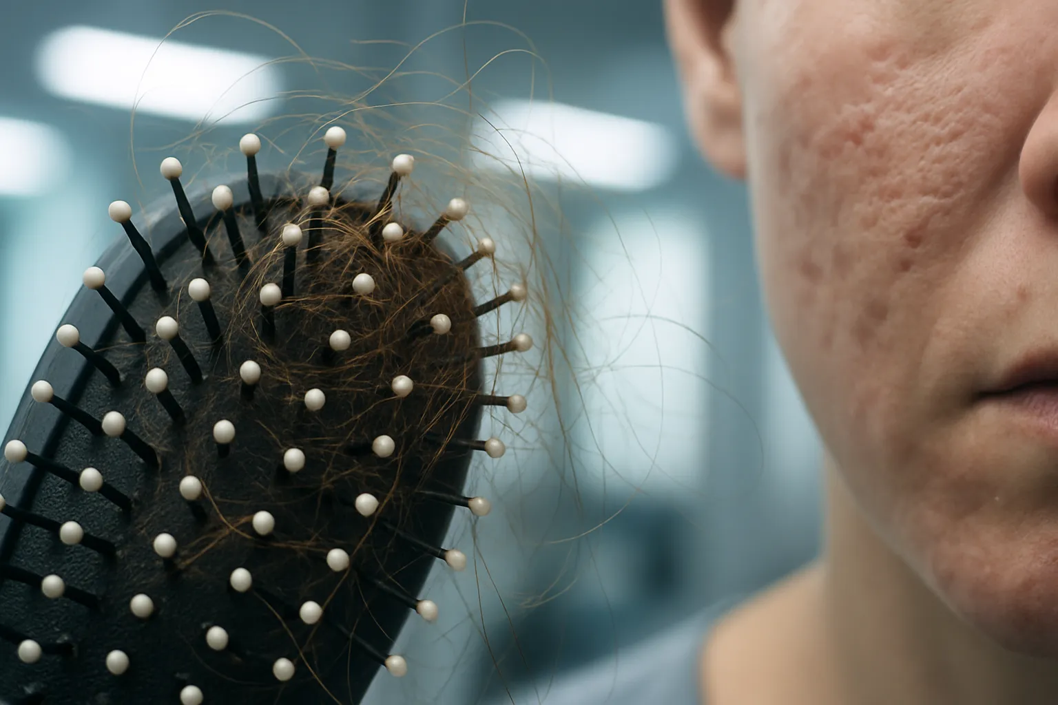 Manifestações Físicas do Cortisol Elevado Detalhe macro de queda capilar intensa em escova e pele com acne, mostrando manifestações físicas do cortisol cronicamente elevado