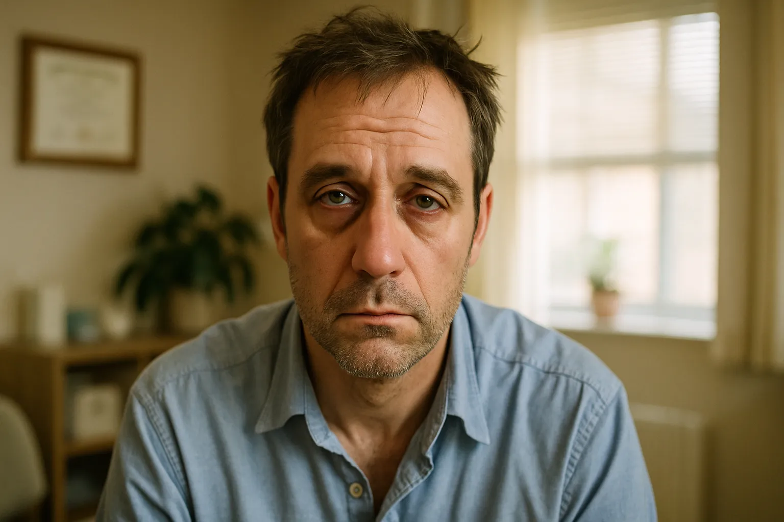 Homem de meia-idade mostrando sinais visíveis de fadiga crônica e baixa energia, sintomas característicos da andropausa