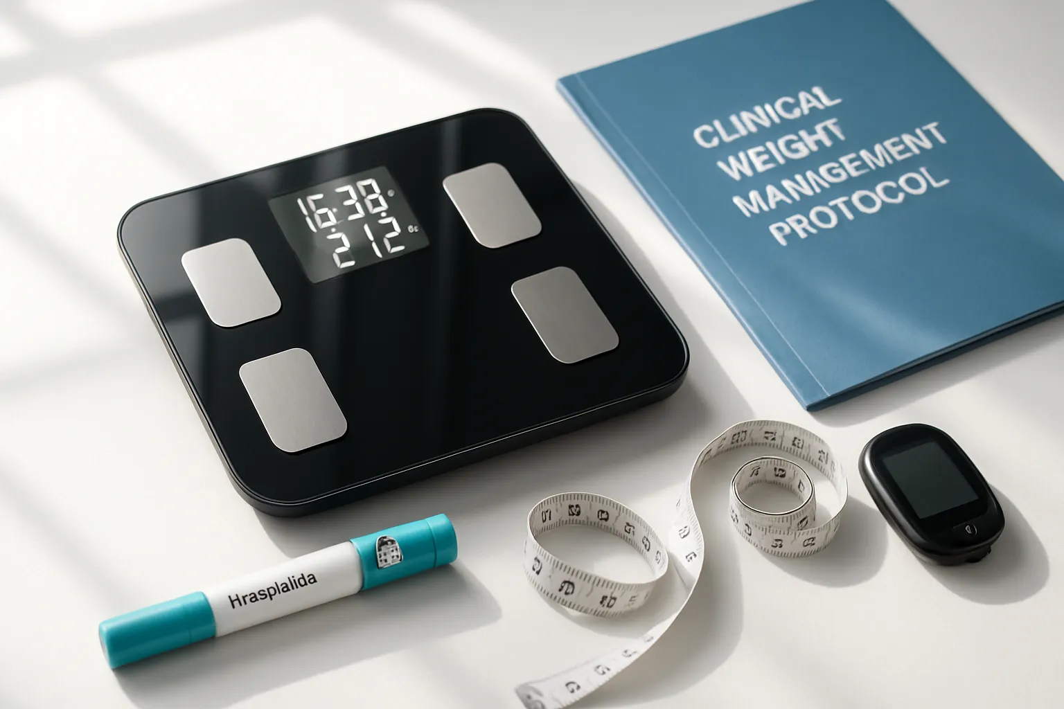 Caneta de injeção de tirzepatida com ferramentas de monitoramento de peso e composição corporal em ambiente clínico moderno