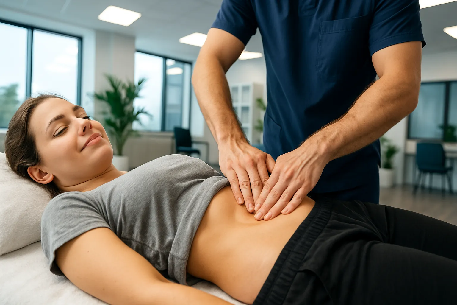 Terapia de massagem abdominal para alívio da constipação crônica em ambiente clínico moderno