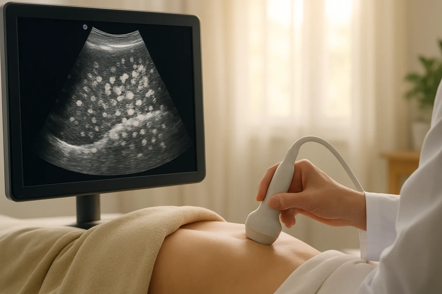 Exame de ultrassom mostrando esteatose hepática com depósitos de gordura visíveis no fígado durante avaliação médica diagnóstica