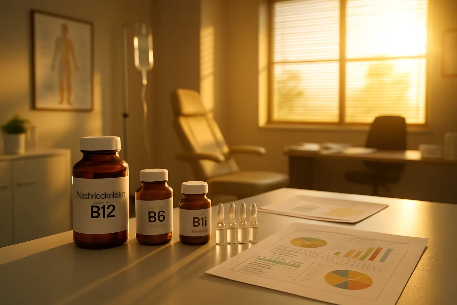 Protocolo de Vitaminas do Complexo B Ambiente médico com protocolo de vitaminas do complexo B, incluindo B12 metilcobalamina e ampolas para soroterapia