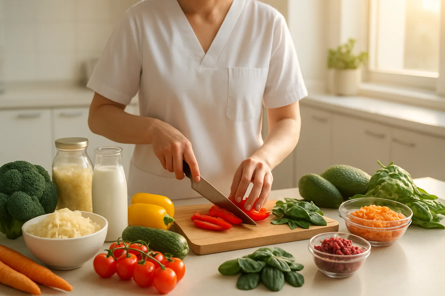 Preparação de Alimentação Anti-Inflamatória Paciente preparando refeição com vegetais coloridos e alimentos fermentados para combater disbiose e inflamação intestinal