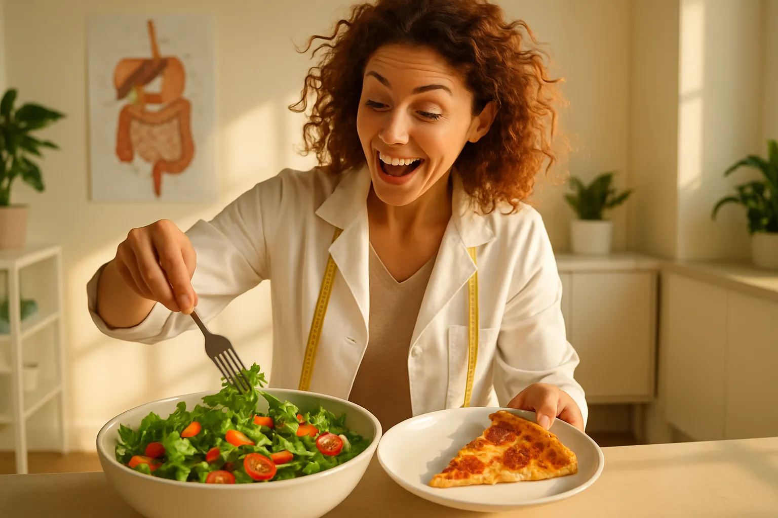 Nutricionista demonstrando técnica de alimentação consciente, montando prato equilibrado com pizza e salada para escolhas flexíveis