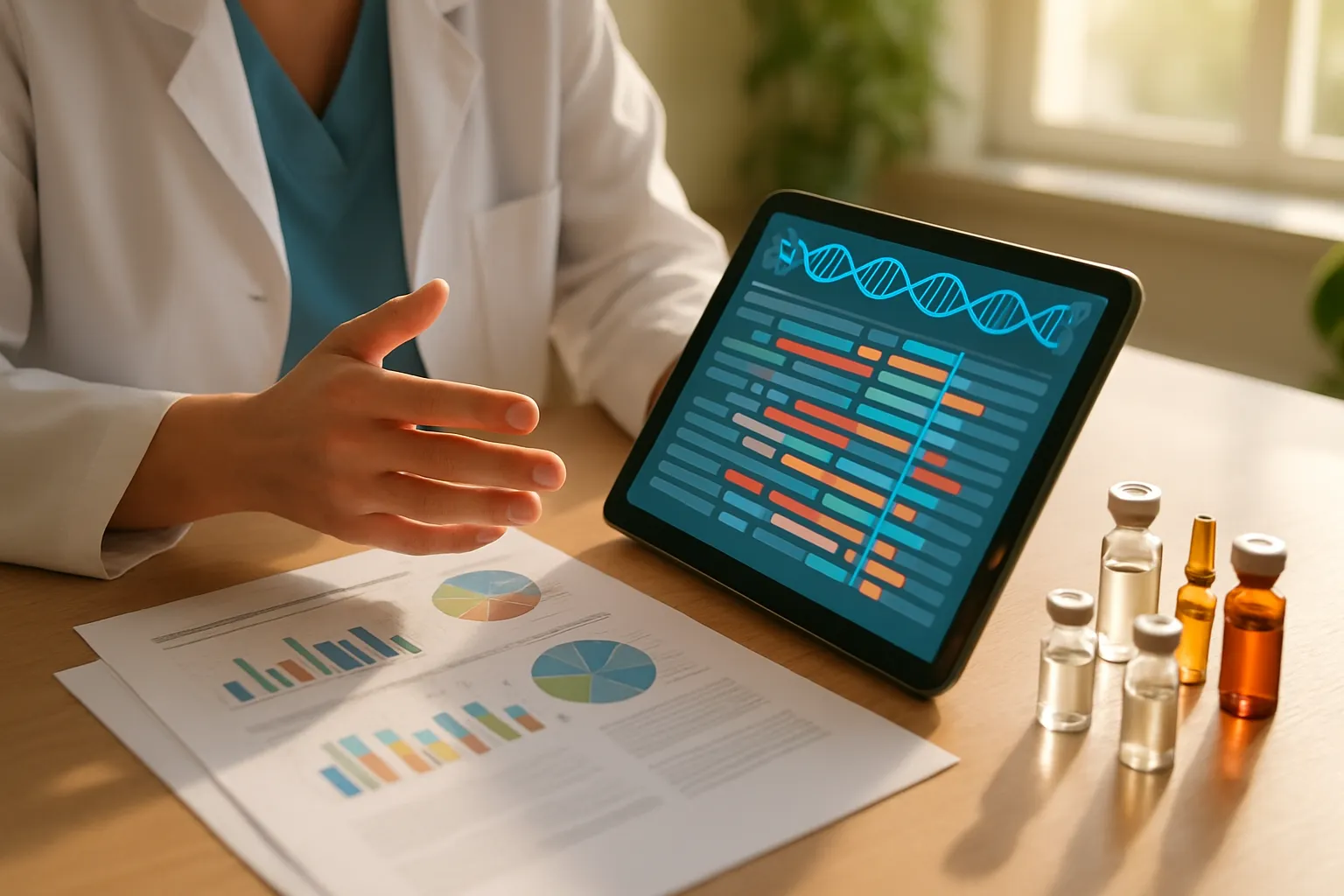 Profissional de saúde analisando resultados de testes genéticos em tablet enquanto prepara protocolo personalizado de terapia hormonal baseado em farmacogenômica