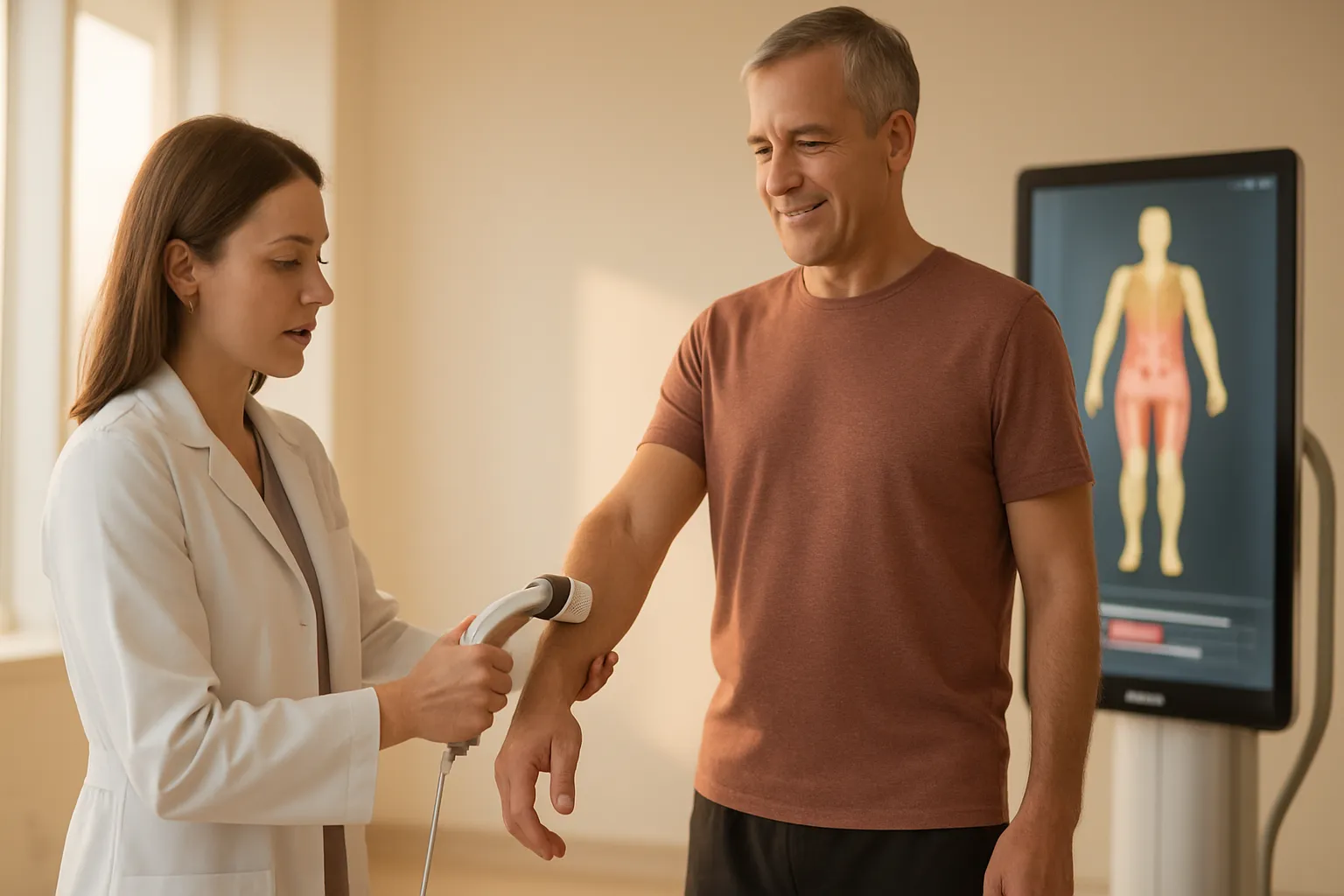 Especialista clínico realizando avaliação de composição corporal por bioimpedância em paciente de meia-idade para análise de massa muscular e metabolismo