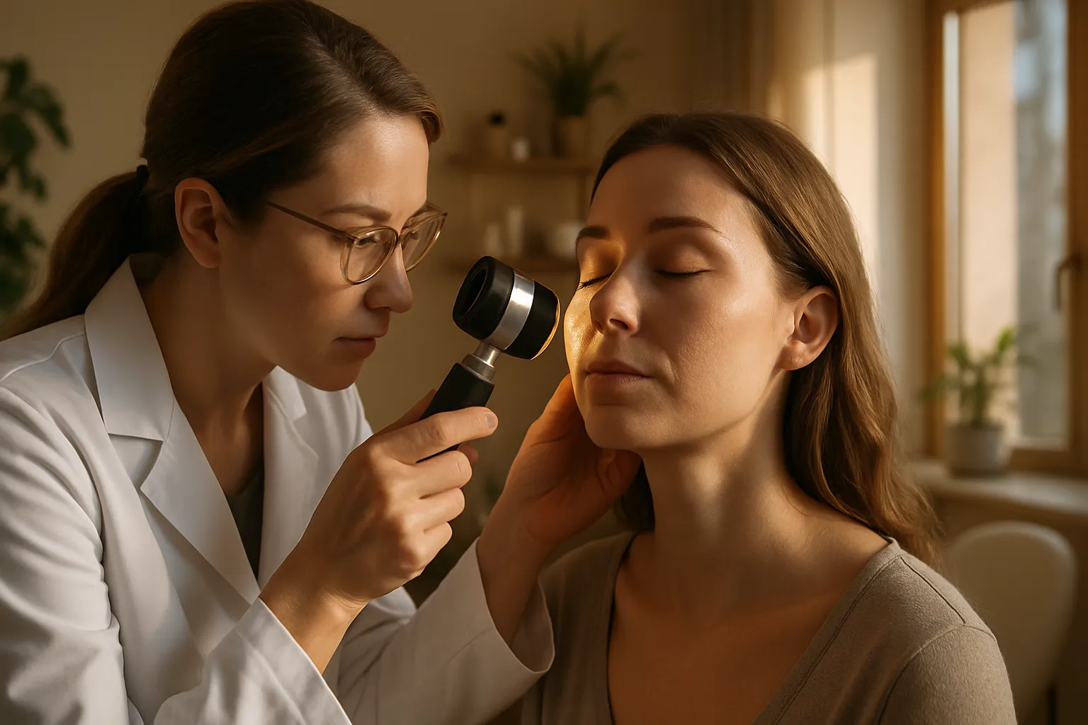 Dermatologista realizando avaliação detalhada da qualidade do colágeno e textura da pele facial com dermatoscópio em ambiente de medicina integrativa