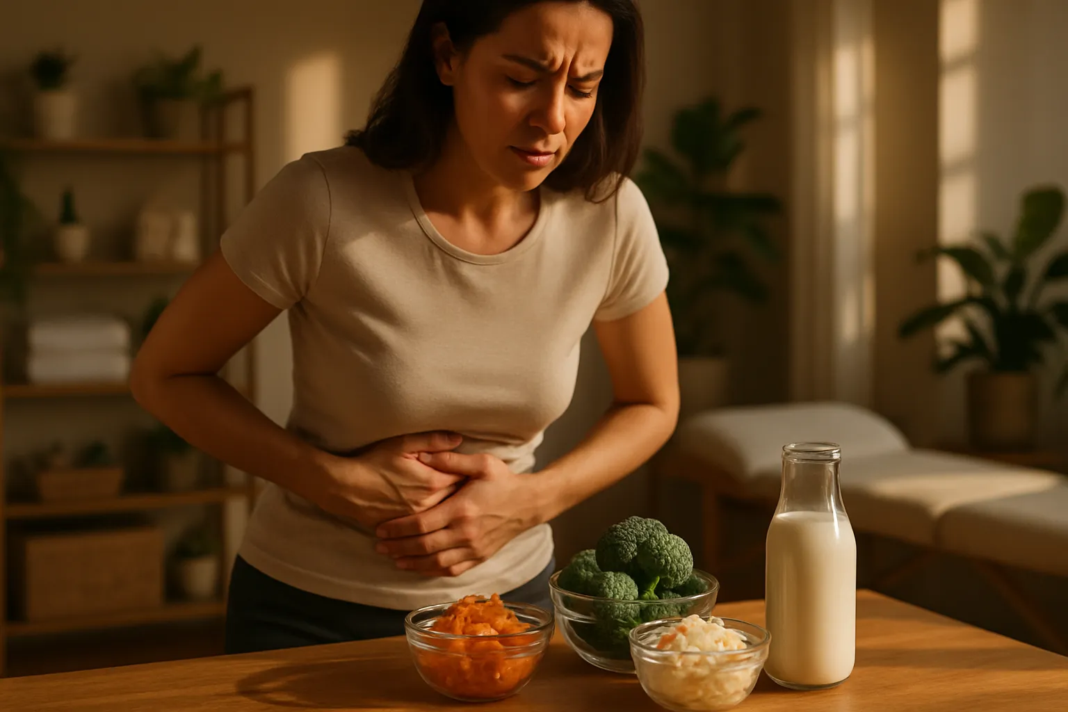 Barreira Intestinal e Inflamação Sistêmica Cena lifestyle mostrando pessoa com desconforto abdominal cercada por alimentos anti-inflamatórios e probióticos naturais em ambiente de tratamento holístico