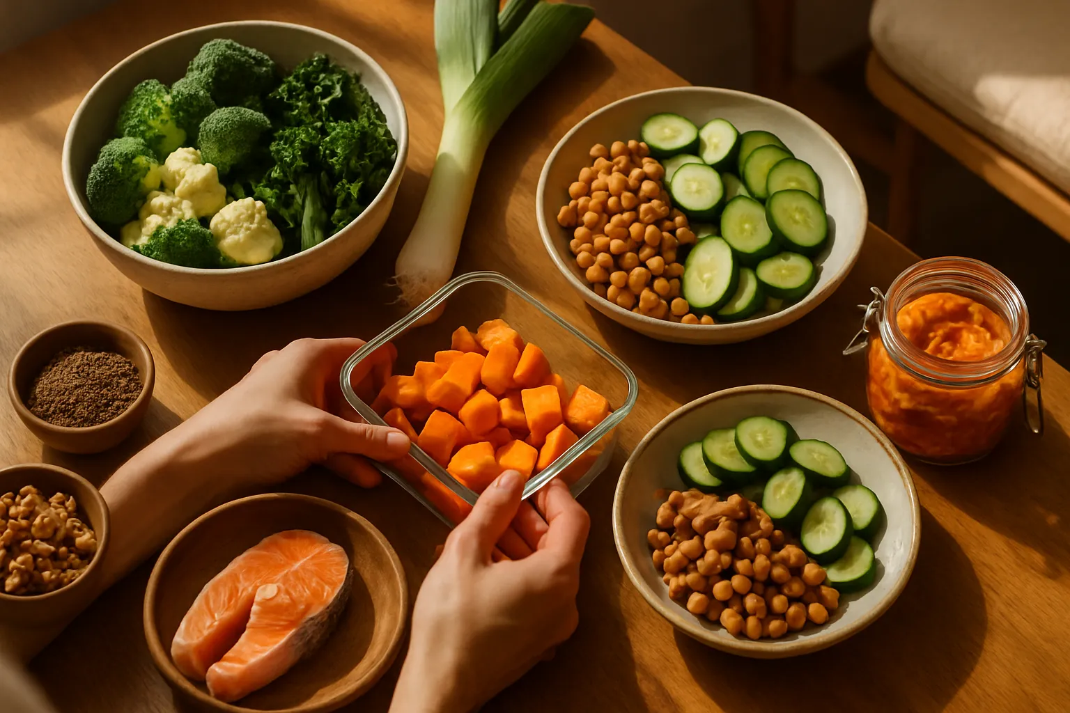 Metabolismo e Gordura Inflamatória Vista superior de rotina de preparação de refeições saudáveis com vegetais ricos em fibras, alimentos prebióticos e fermentados para equilíbrio do microbioma e saúde metabólica