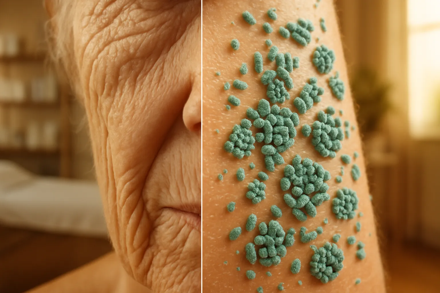 Imagem conceitual mostrando close-up de pele envelhecida com perda de colágeno e ilustração de bactérias do microbioma afetando a estrutura cutânea