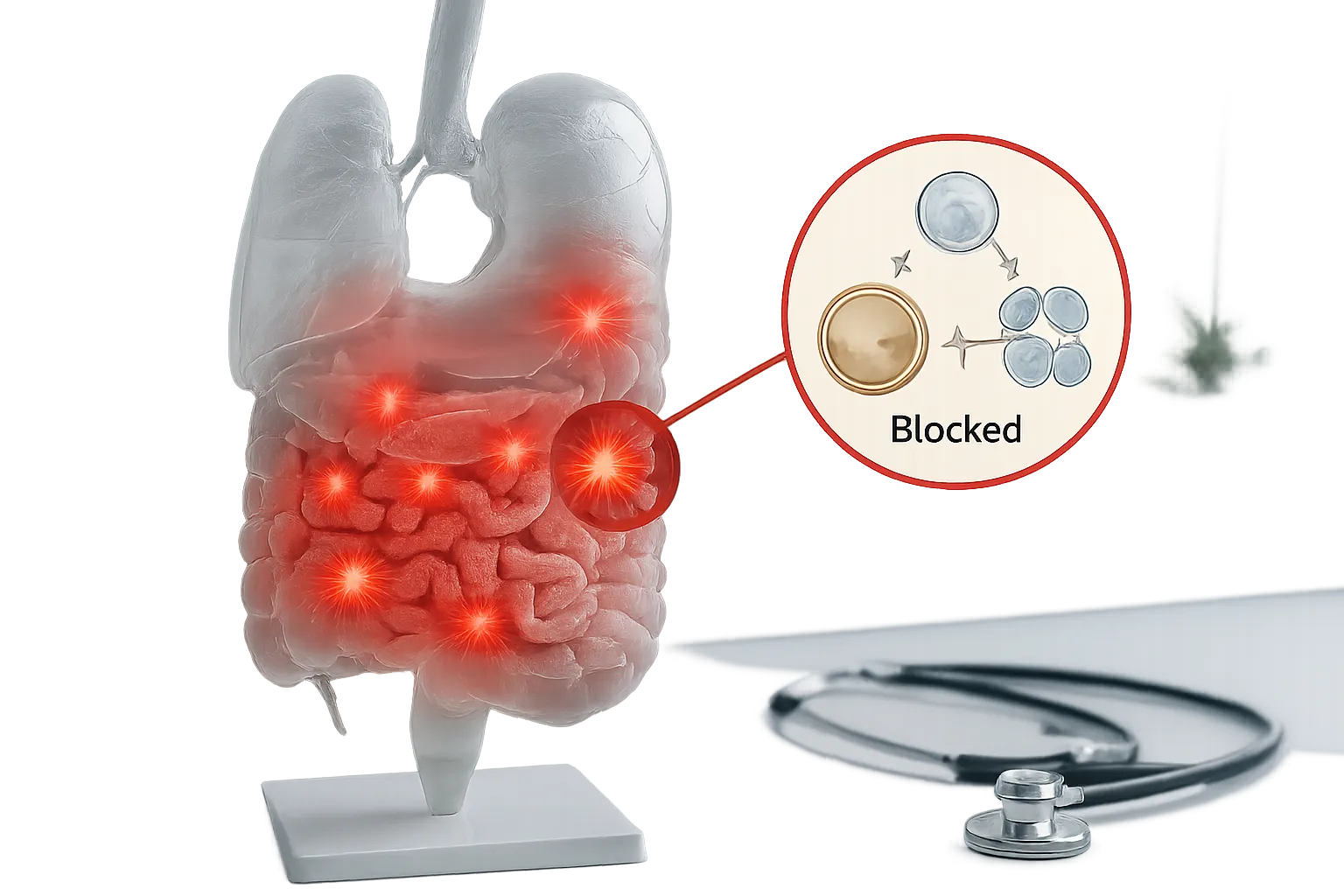 Visualização do Bloqueio da Autofagia por Inflamação Intestinal Modelo anatômico mostrando como a inflamação intestinal bloqueia o processo de autofagia celular durante o jejum