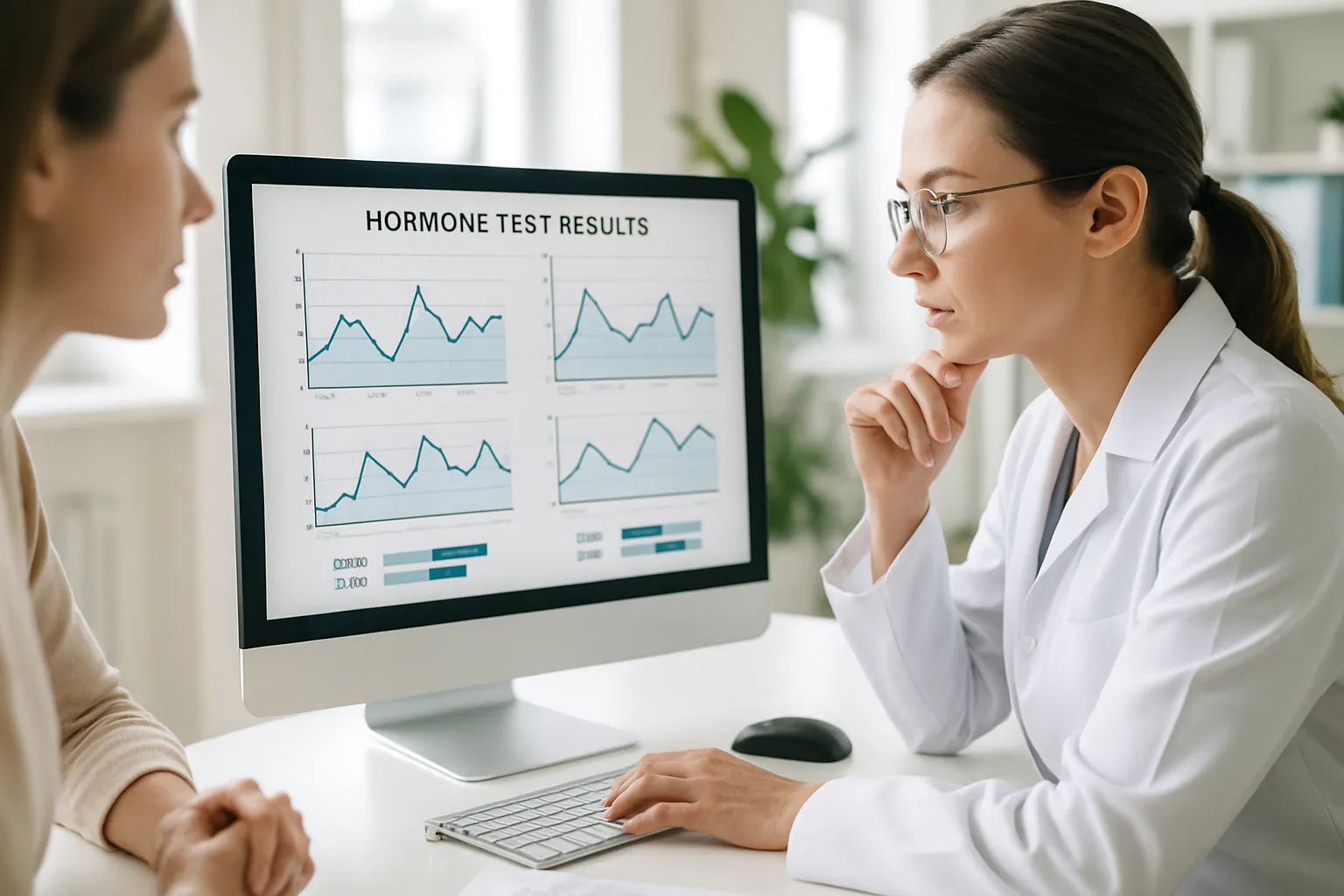 Especialista analisando resultados de exames hormonais em tela de computador mostrando gráficos de níveis e cálculos de ratios entre hormônios em ambiente clínico moderno