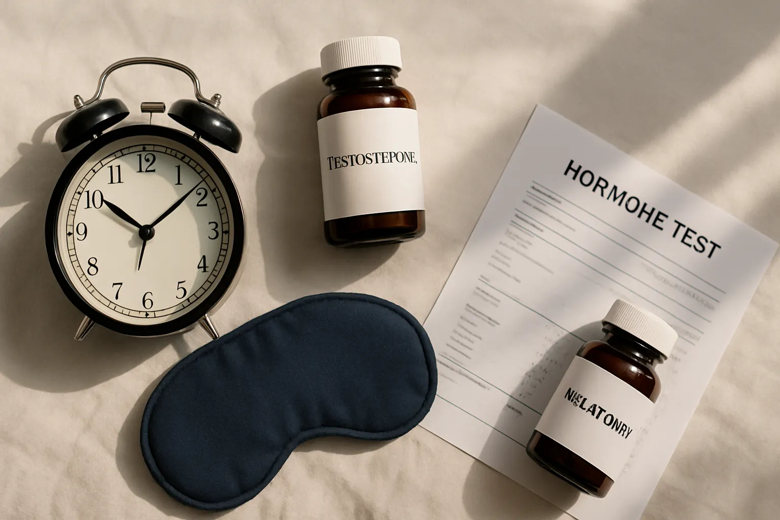 Ciclo Circadiano e Produção Hormonal Composição plana mostrando elementos do ciclo circadiano: relógio, suplementos de testosterona e melatonina, máscara de sono e resultados de testes hormonais