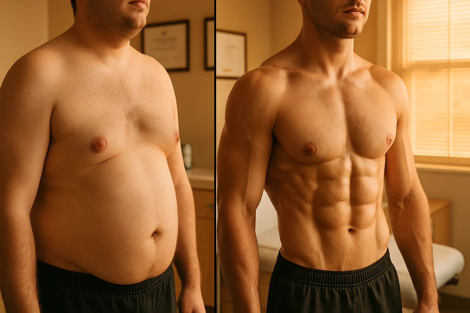 Comparação visual de composição corporal masculina mostrando perda muscular e ganho de gordura abdominal versus corpo otimizado