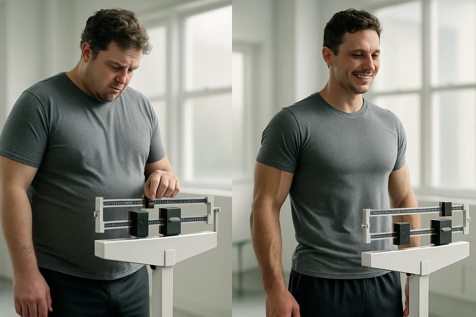 Comparação visual antes e depois mostrando transformação de composição corporal com foco em massa muscular versus gordura corporal após tratamento com GLP-1