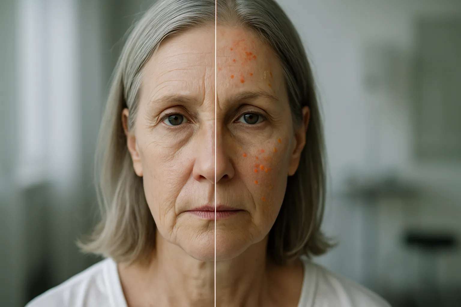 Comparação visual mostrando os efeitos da inflamação intestinal na degradação do colágeno e envelhecimento da pele