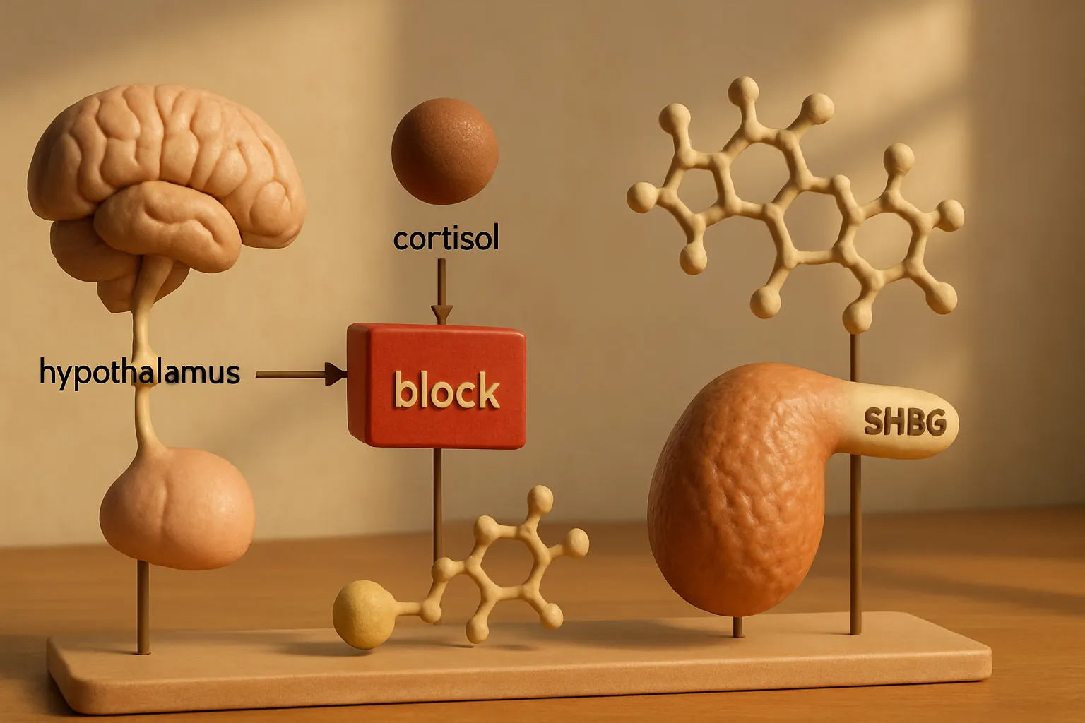 Diagrama Eixo Hormonal Bloqueado por Cortisol Diagrama tridimensional educativo do eixo hipotálamo-hipófise-testículos mostrando bloqueio por cortisol e testosterona inativada por proteína SHBG