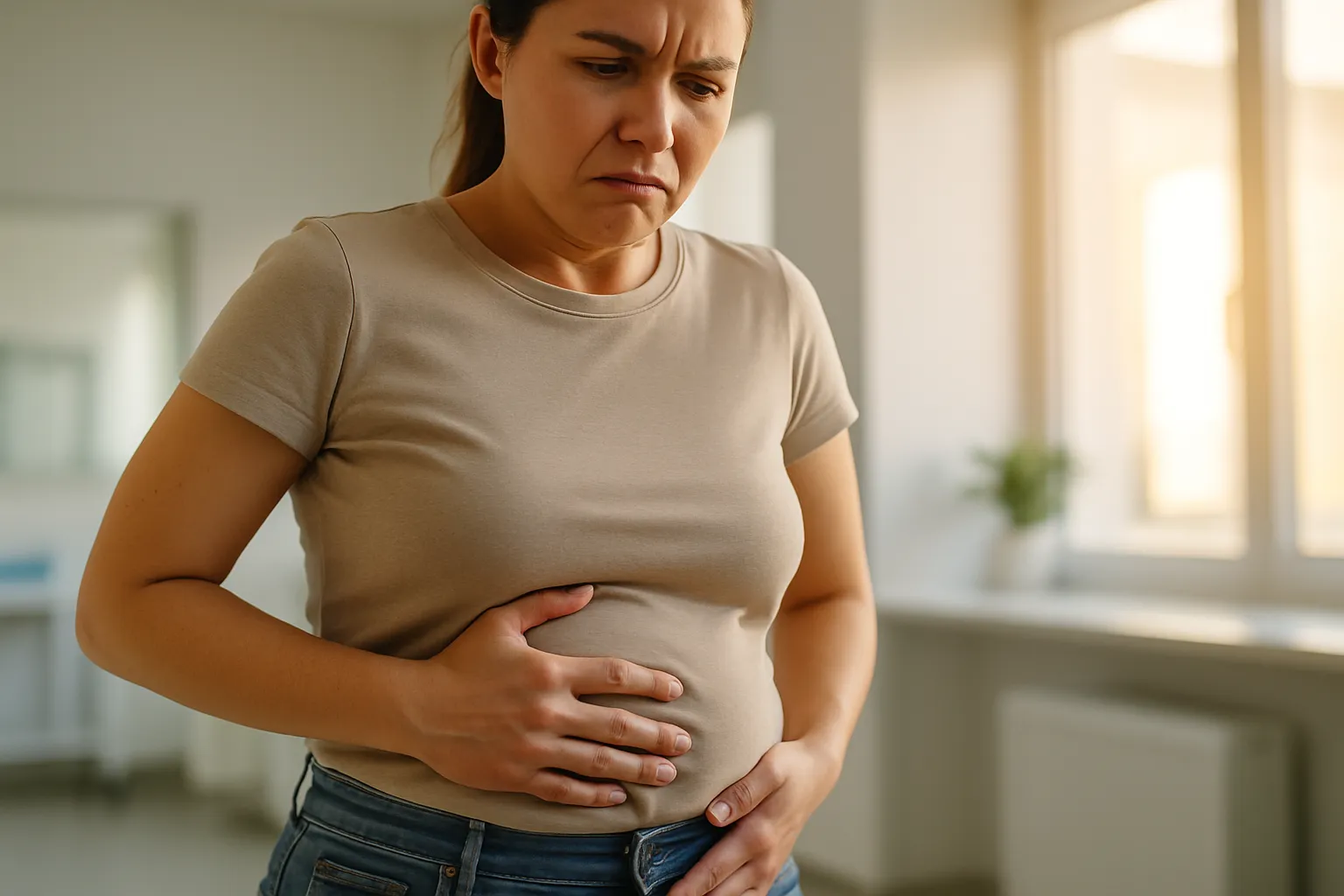 Pessoa demonstrando desconforto abdominal e inchaço causado por disbiose intestinal em ambiente clínico iluminado