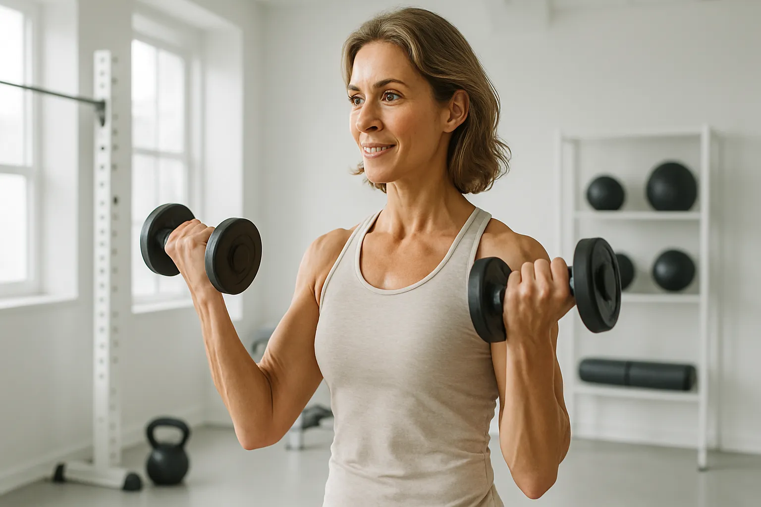 Equilíbrio Hormonal Feminino Mulher na faixa dos 40 anos realizando treino de força matinal em casa, levantando halteres com postura confiante, demonstrando vitalidade e tônus muscular resultantes do equilíbrio hormonal adequado