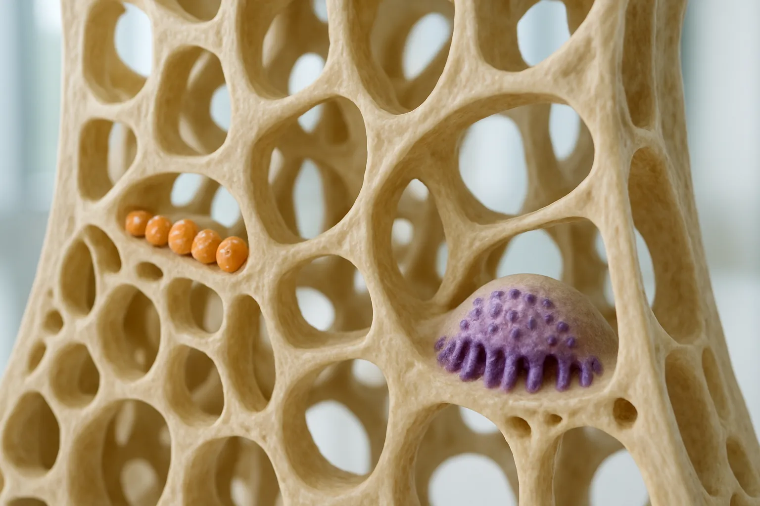 Detalhe microscópico da estrutura óssea mostrando processo de renovação celular entre osteoblastos e osteoclastos