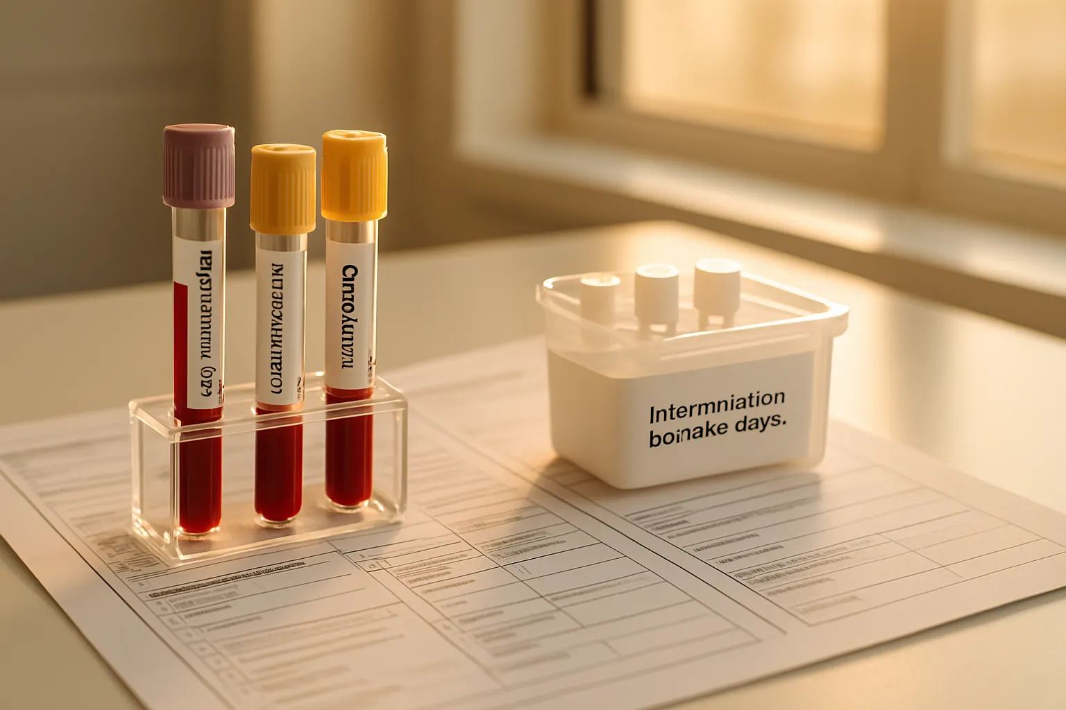 Kit de exames especializados para biomarcadores inflamatórios incluindo tubos de PCR ultrassensível, homocisteína e citocinas em ambiente clínico profissional