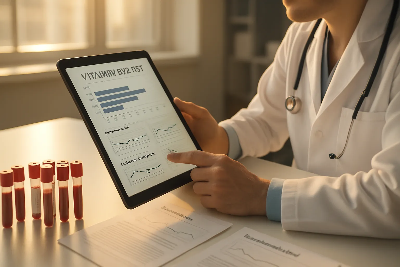 Profissional de saúde analisando resultados de exames de vitamina B12, homocisteína e ácido metilmalônico para diagnóstico preciso