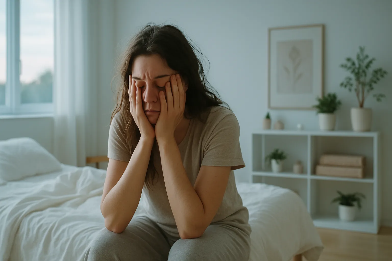 Mulher jovem exausta sentada na cama pela manhã demonstrando fadiga crônica mesmo após noite completa de sono, sintoma comum de deficiência de vitamina B12
