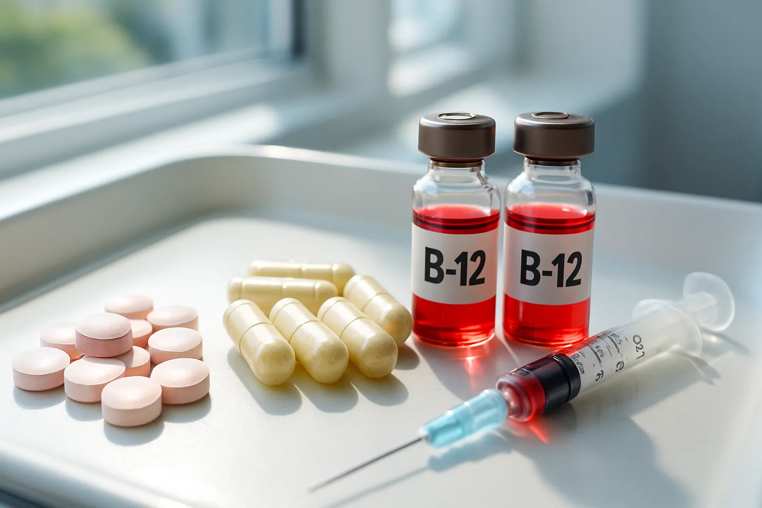 Comparação detalhada das diferentes formas de suplementação de vitamina B12: metilcobalamina sublingual, adenosilcobalamina em cápsulas e B12 injetável com seringas